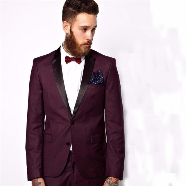 Groomsmen Peaked Black Lapel Groom Tuxedos Burgundy Mens Suit Wedding Best Man (Jacket+Pants+Tie) high quality Suits